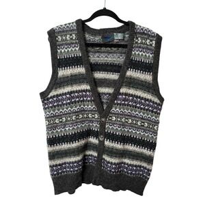 Etchings Mens Vintage 100% Shetland Wool Fair Isle Cardigan Sweater Vest Grey L